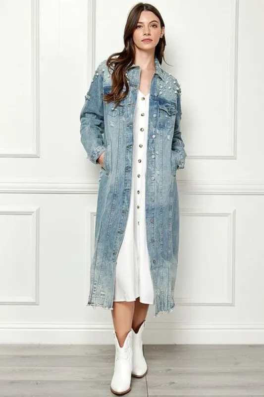 Veveret Full Size Distressed Raw Hem Pearl Detail Button Up Jacket sold by Charming Charlie