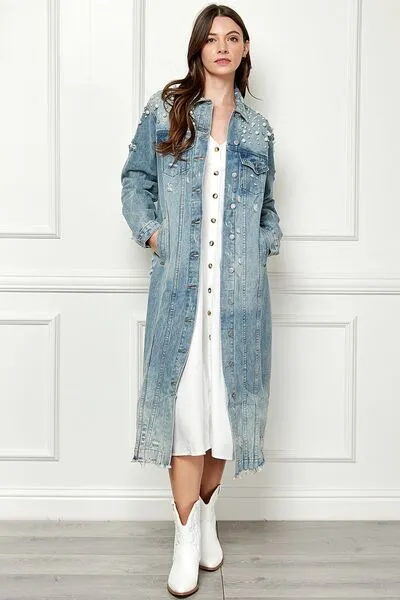 Veveret Full Size Distressed Raw Hem Pearl Detail Button Up Jacket sold by Charming Charlie