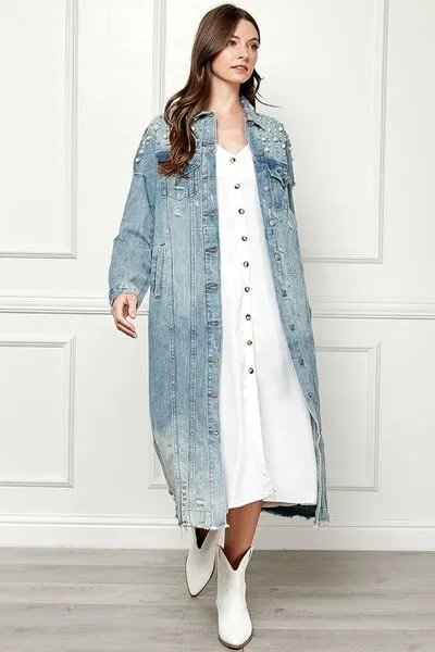 Veveret Full Size Distressed Raw Hem Pearl Detail Button Up Jacket sold by Charming Charlie product image thumbnail 4