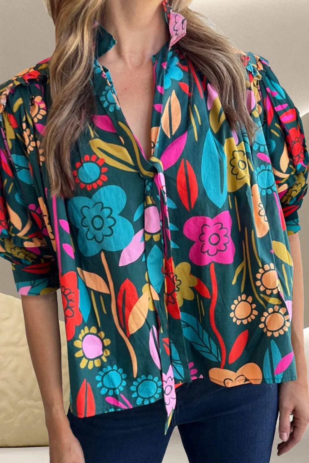 Printed Tie Neck Half Sleeve Blouse sold by Charming Charlie