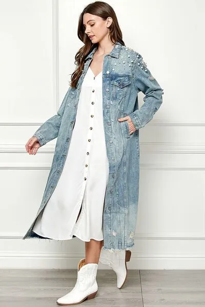 Veveret Full Size Distressed Raw Hem Pearl Detail Button Up Jacket sold by Charming Charlie product image thumbnail 5