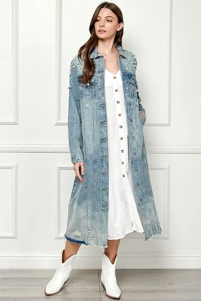 Veveret Full Size Distressed Raw Hem Pearl Detail Button Up Jacket sold by Charming Charlie product image thumbnail 3