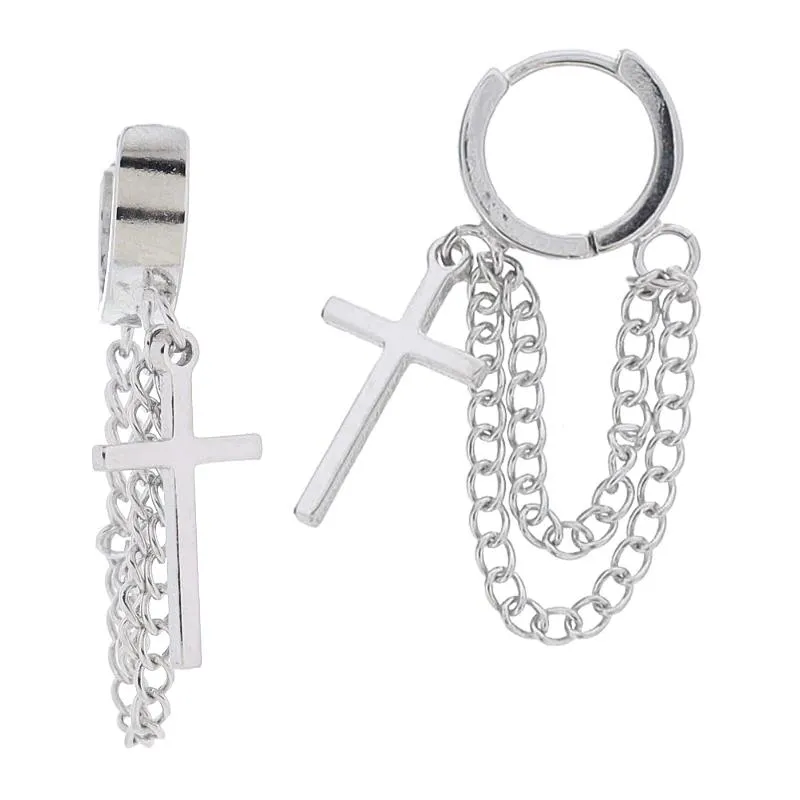 18K Gold Plated Silver Huggie with Silver Cross & Double Drapped Chain Earrings, .85" Top to Bottom sold by Charming Charlie