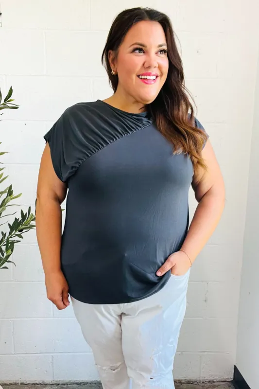 Charming In Charcoal Asymmetrical Shirred Modal Top sold by Charming Charlie