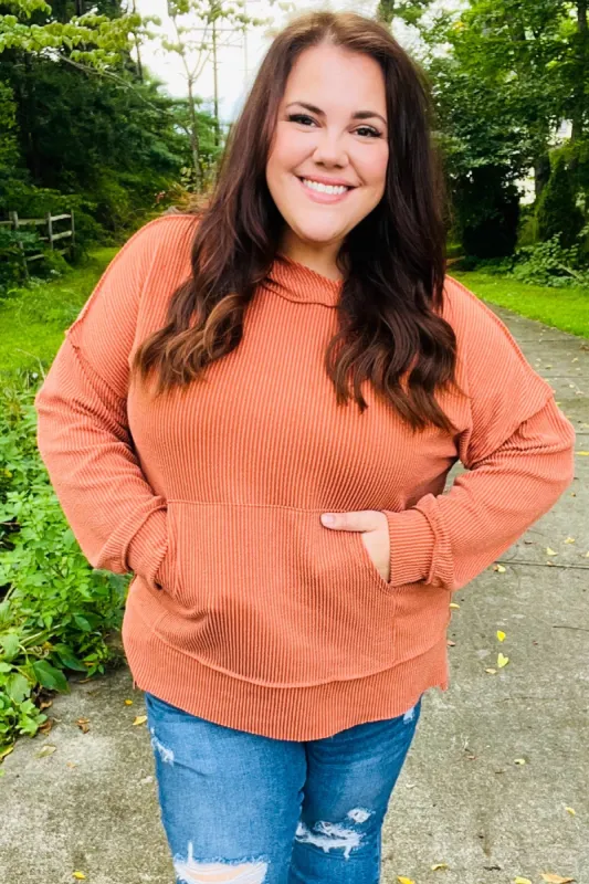 Cozy Days Rust Mineral Wash Rib Knit Hoodie sold by Charming Charlie
