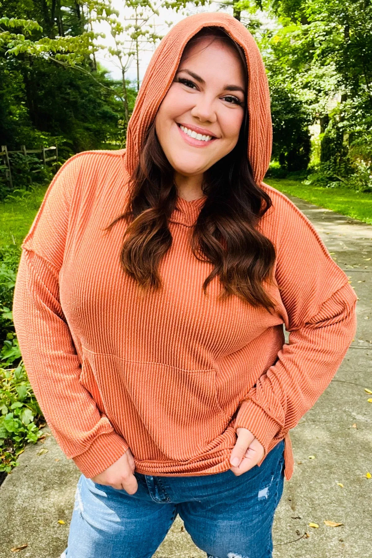 Cozy Days Rust Mineral Wash Rib Knit Hoodie sold by Charming Charlie product image thumbnail 5