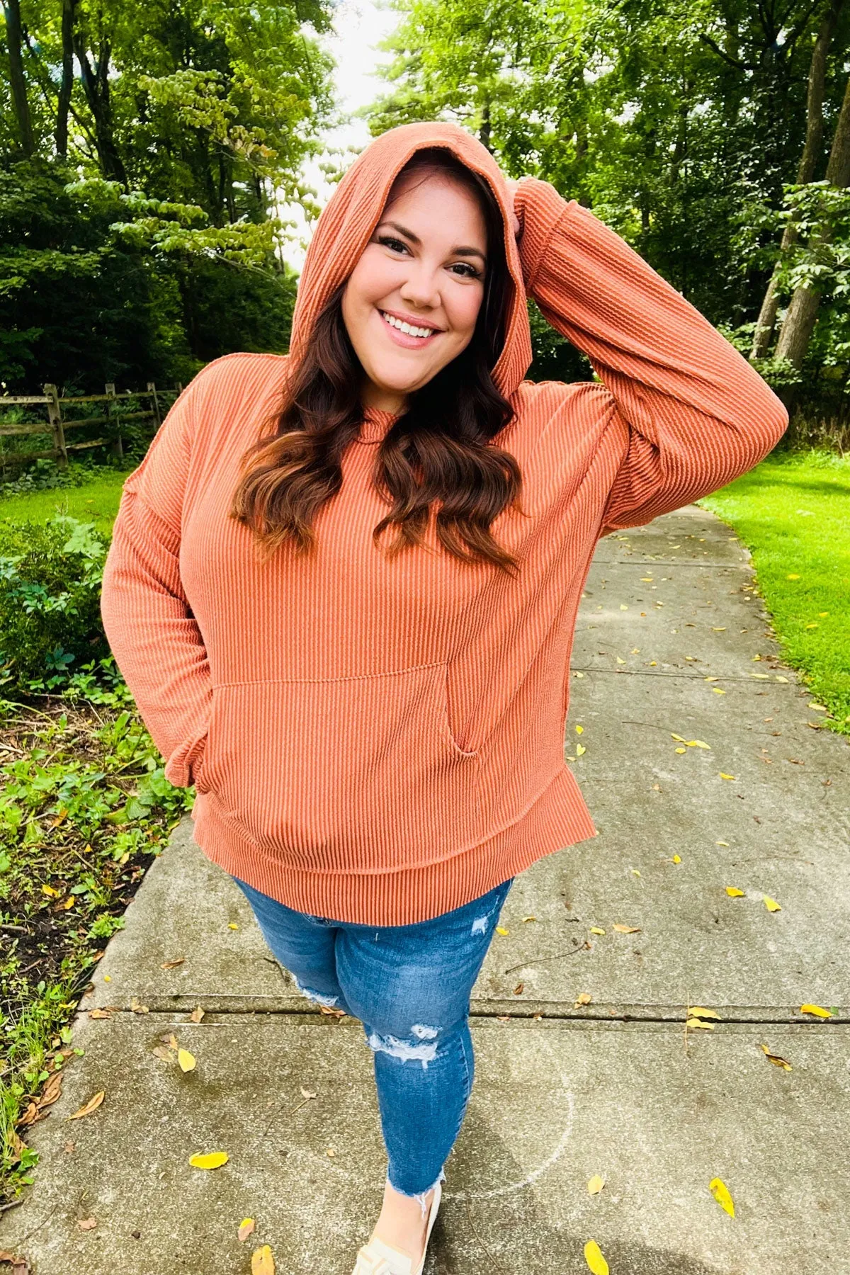 Cozy Days Rust Mineral Wash Rib Knit Hoodie sold by Charming Charlie product image thumbnail 3