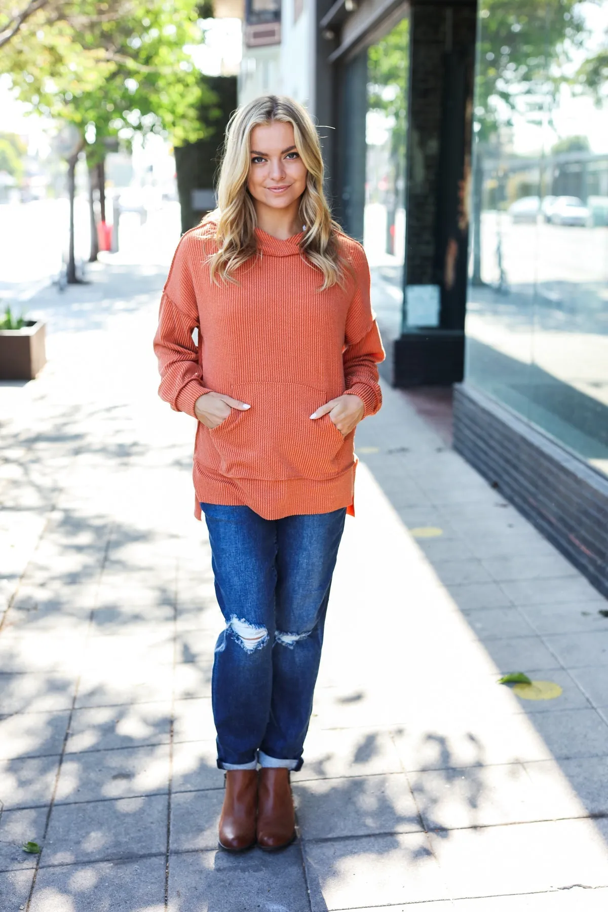 Cozy Days Rust Mineral Wash Rib Knit Hoodie sold by Charming Charlie product image thumbnail 4