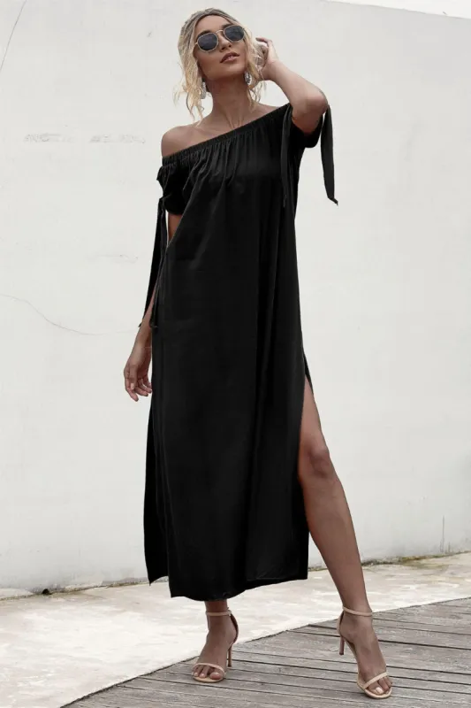 Slit Off Shoulder Short Sleeve Midi Dress sold by Charming Charlie