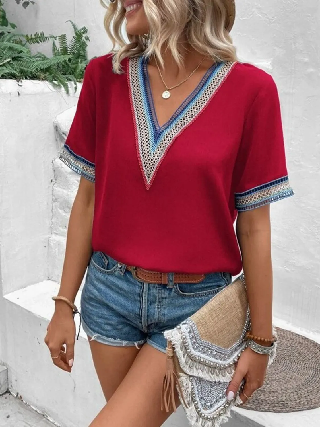 Full Size V-Neck Short Sleeve Blouse sold by Charming Charlie
