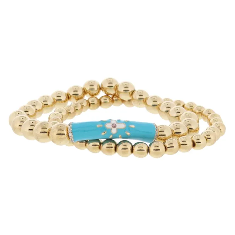 Set of 2, Gold Ball, Turquoise Cross, Pink Crystal Bar & Crystals on Gold Ball Bracelet, 8" Around sold by Charming Charlie