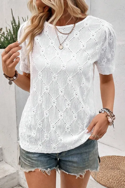 Eyelet Round Neck Short Sleeve Blouse sold by Charming Charlie