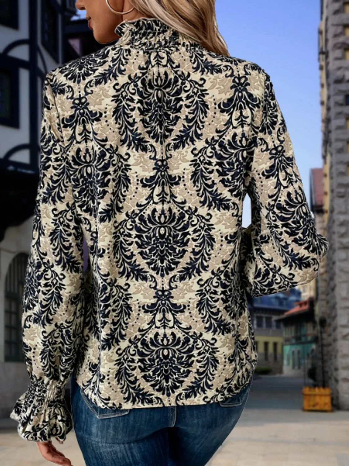 Smocked Printed Mock Neck Blouse sold by Charming Charlie product image thumbnail 2