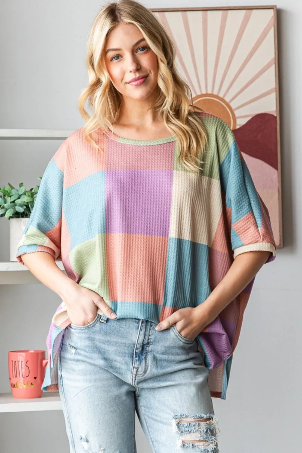 HOPELY Full Size Checkered Round Neck Side Slit T-Shirt sold by Charming Charlie product image thumbnail 3