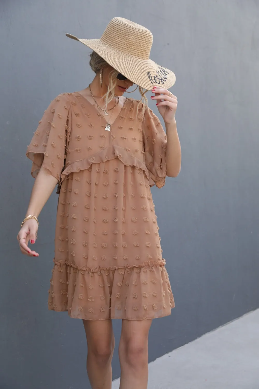 Swiss Dot V-Neck Flutter Sleeve Mini Dress sold by Charming Charlie product image thumbnail 3