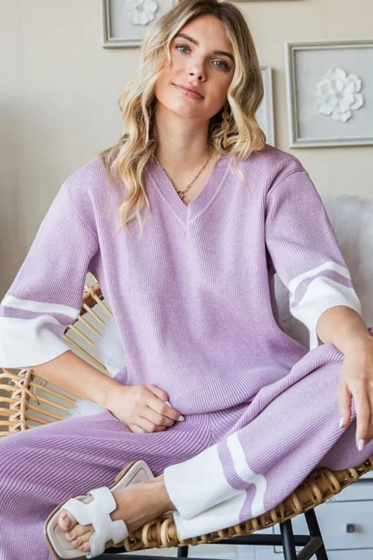 First Love Contrast V Neck Ribbed Knit Top sold by Charming Charlie
