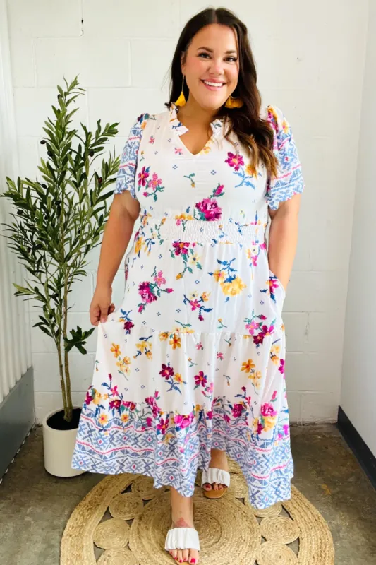 Beautiful You Ivory & Blue Floral Border Print Smocked Waist Dress sold by Charming Charlie