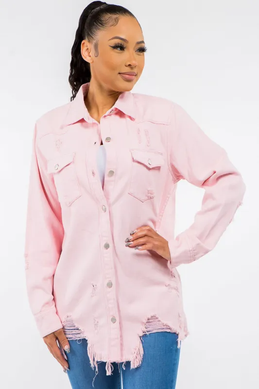 American Bazi Frayed Hem Distressed Denim Jacket sold by Charming Charlie