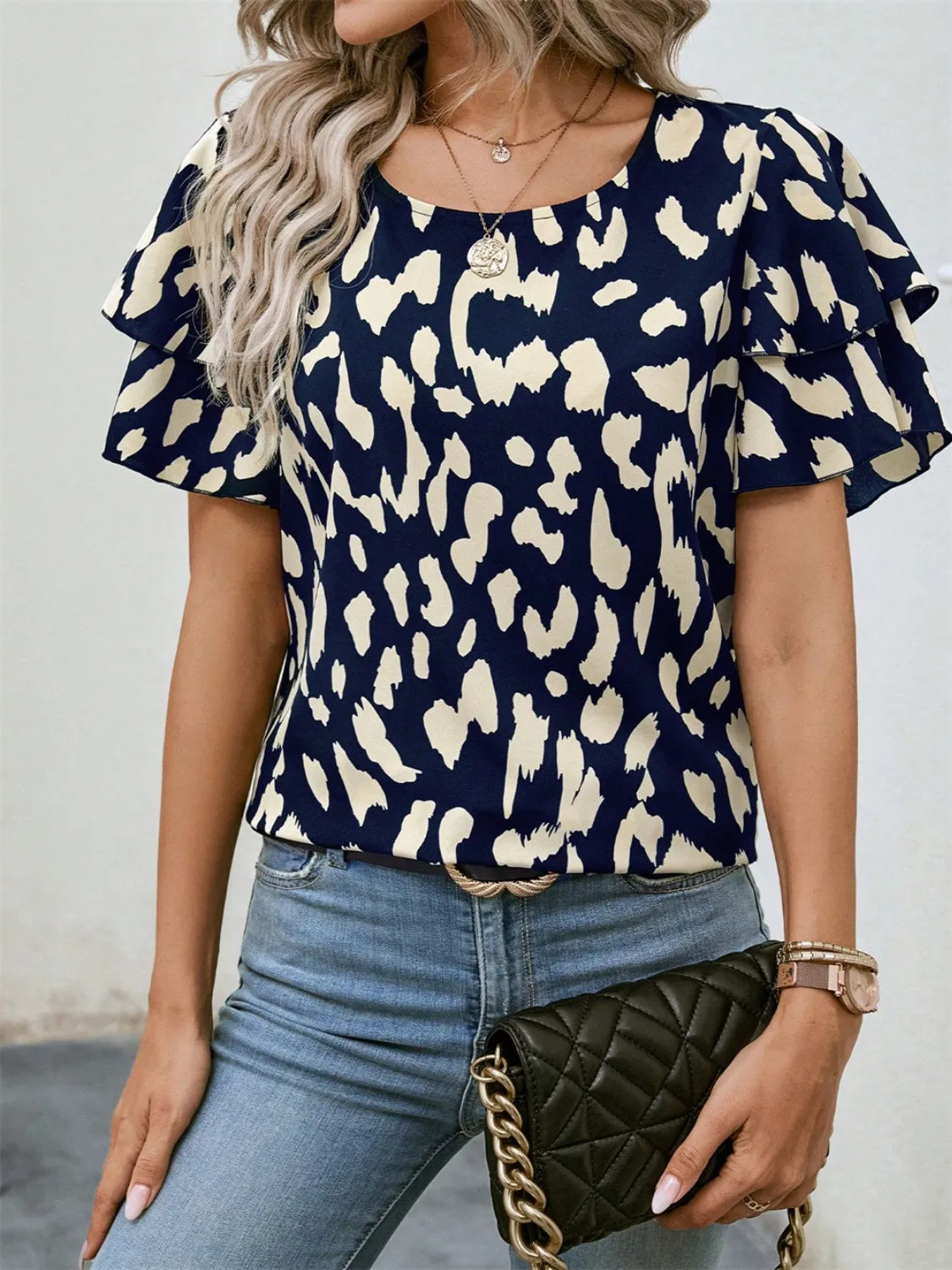 Ruffled Printed Round Neck Short Sleeve Blouse sold by Charming Charlie product image thumbnail 3