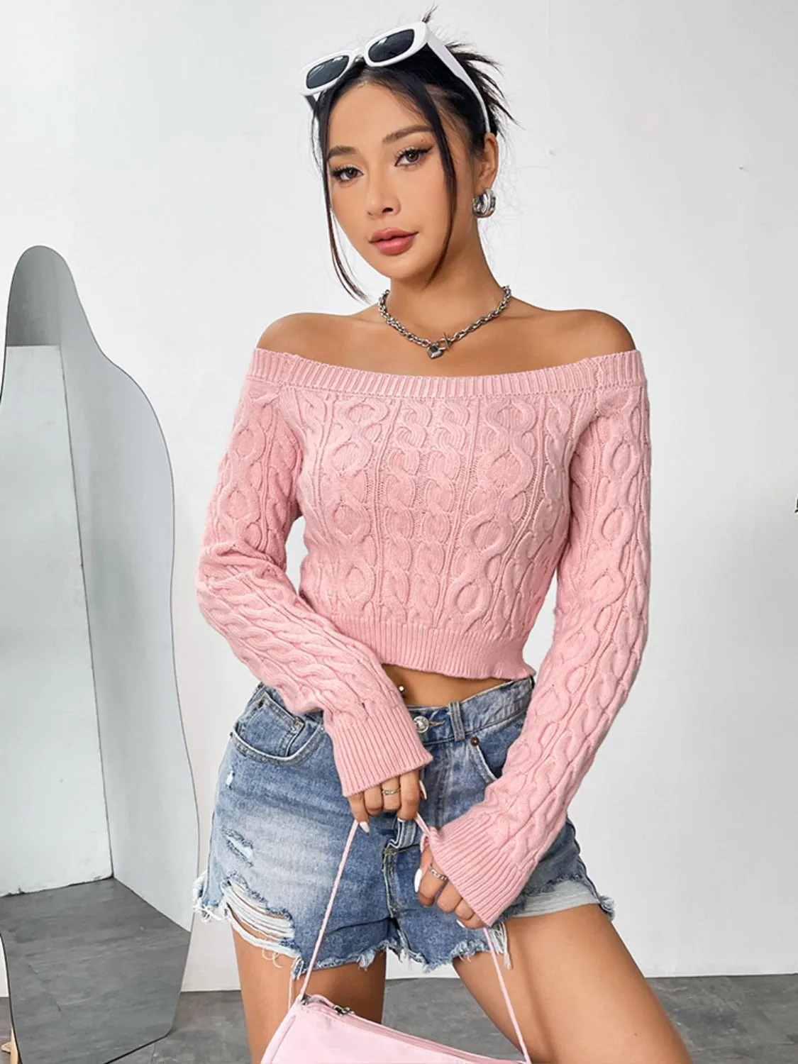 Cable-Knit Off-Shoulder Long Sleeve Knit Top sold by Charming Charlie product image thumbnail 4