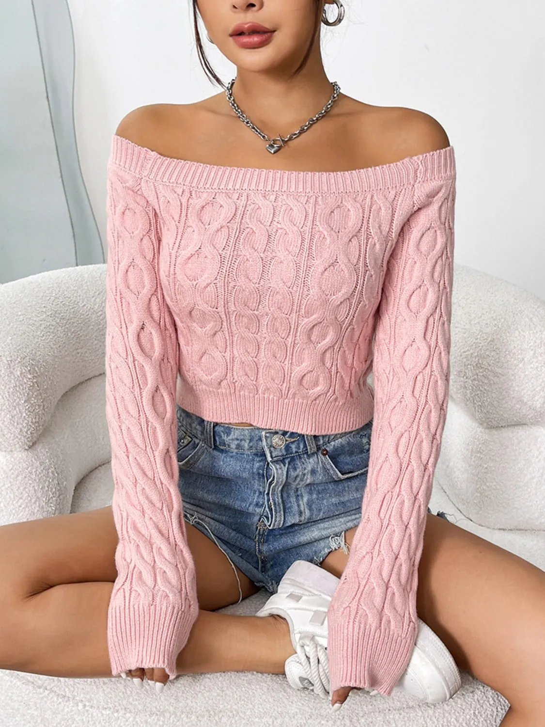 Cable-Knit Off-Shoulder Long Sleeve Knit Top sold by Charming Charlie product image thumbnail 5