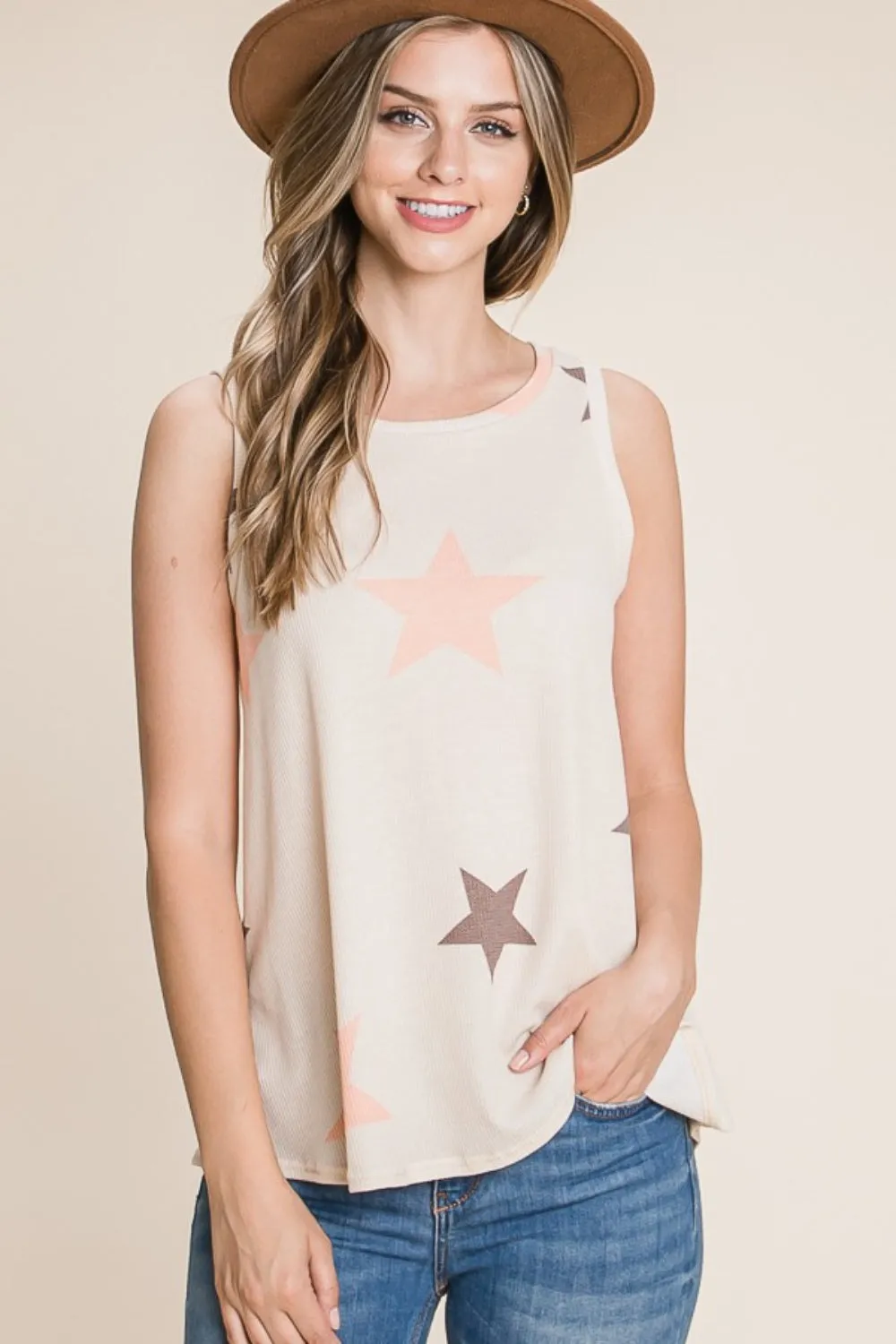 BOMBOM Star Print Round Neck Tank sold by Charming Charlie
