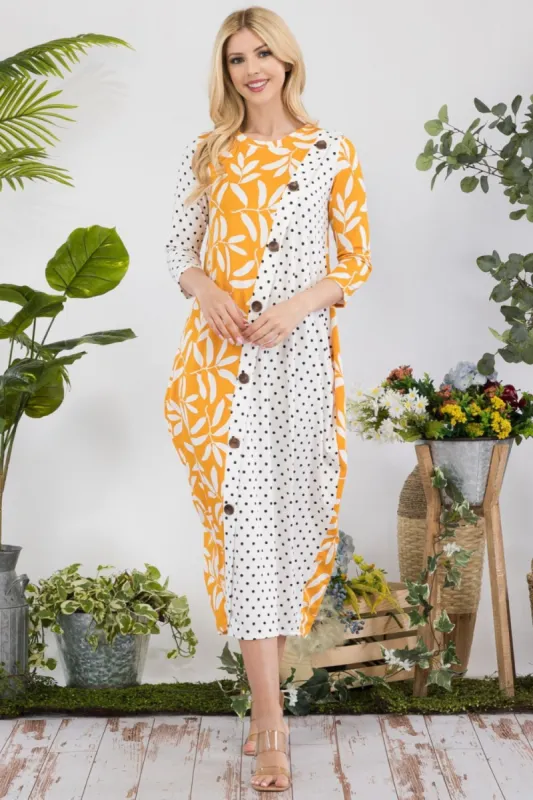 Celeste Full Size Floral Polka Dot Contrast Midi-Dress with Pockets sold by Charming Charlie
