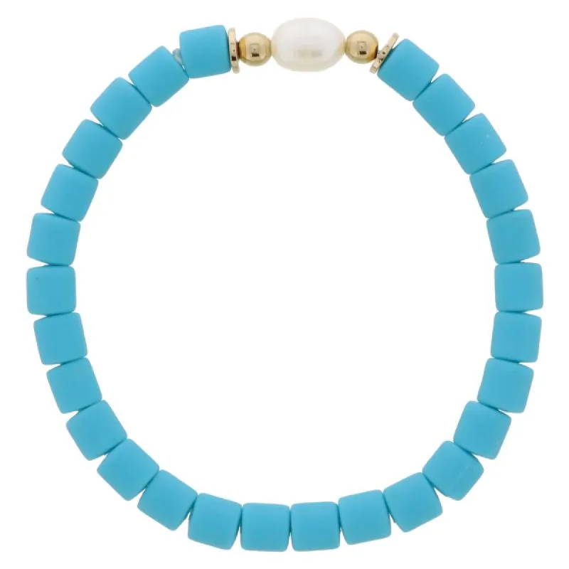 Teal Rubber Cylinder Beaded with Pearl and Gold Bead Accents Bracelet, 7.5" Around sold by Charming Charlie