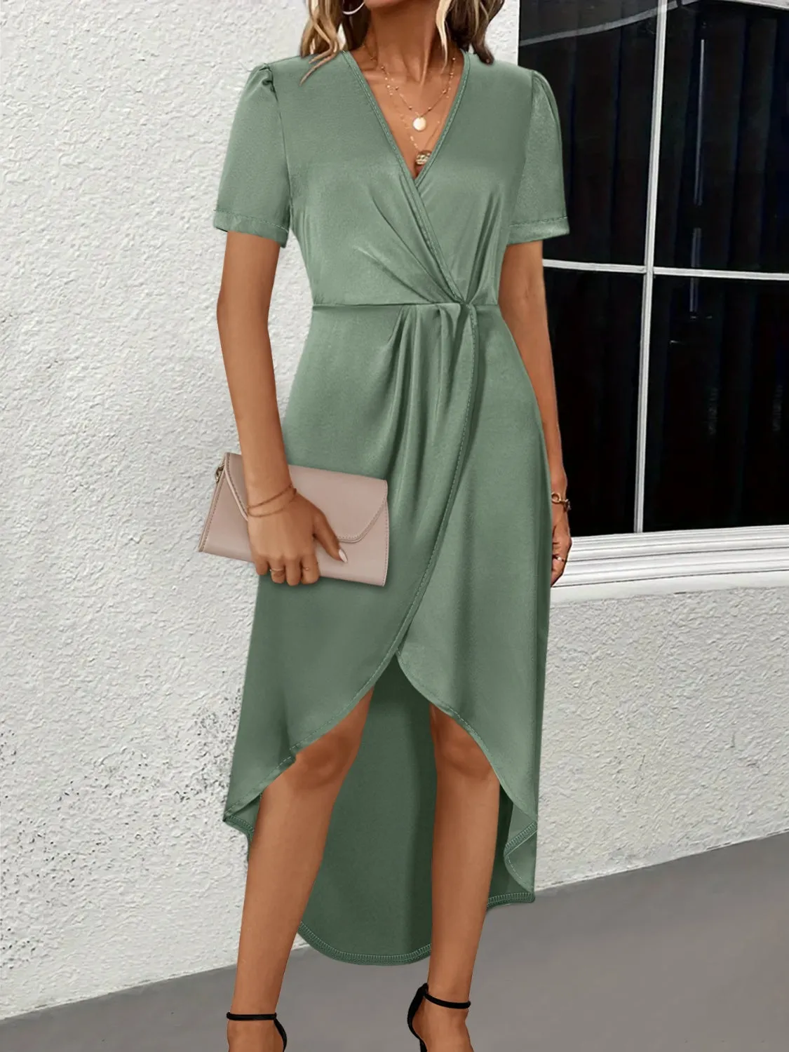 Surplice Short Sleeve Midi Dress sold by Charming Charlie