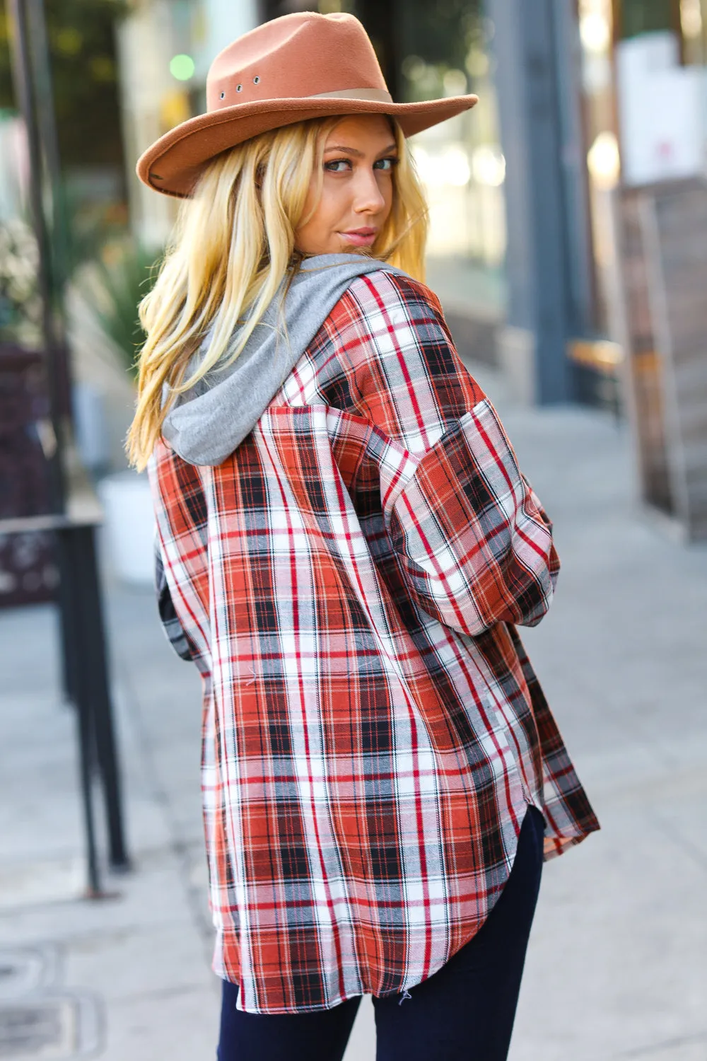 Rust & Charcoal Plaid Colorblock Hoodie Shacket sold by Charming Charlie product image thumbnail 3
