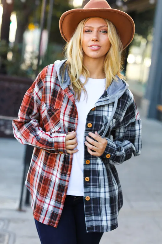 Rust & Charcoal Plaid Colorblock Hoodie Shacket sold by Charming Charlie