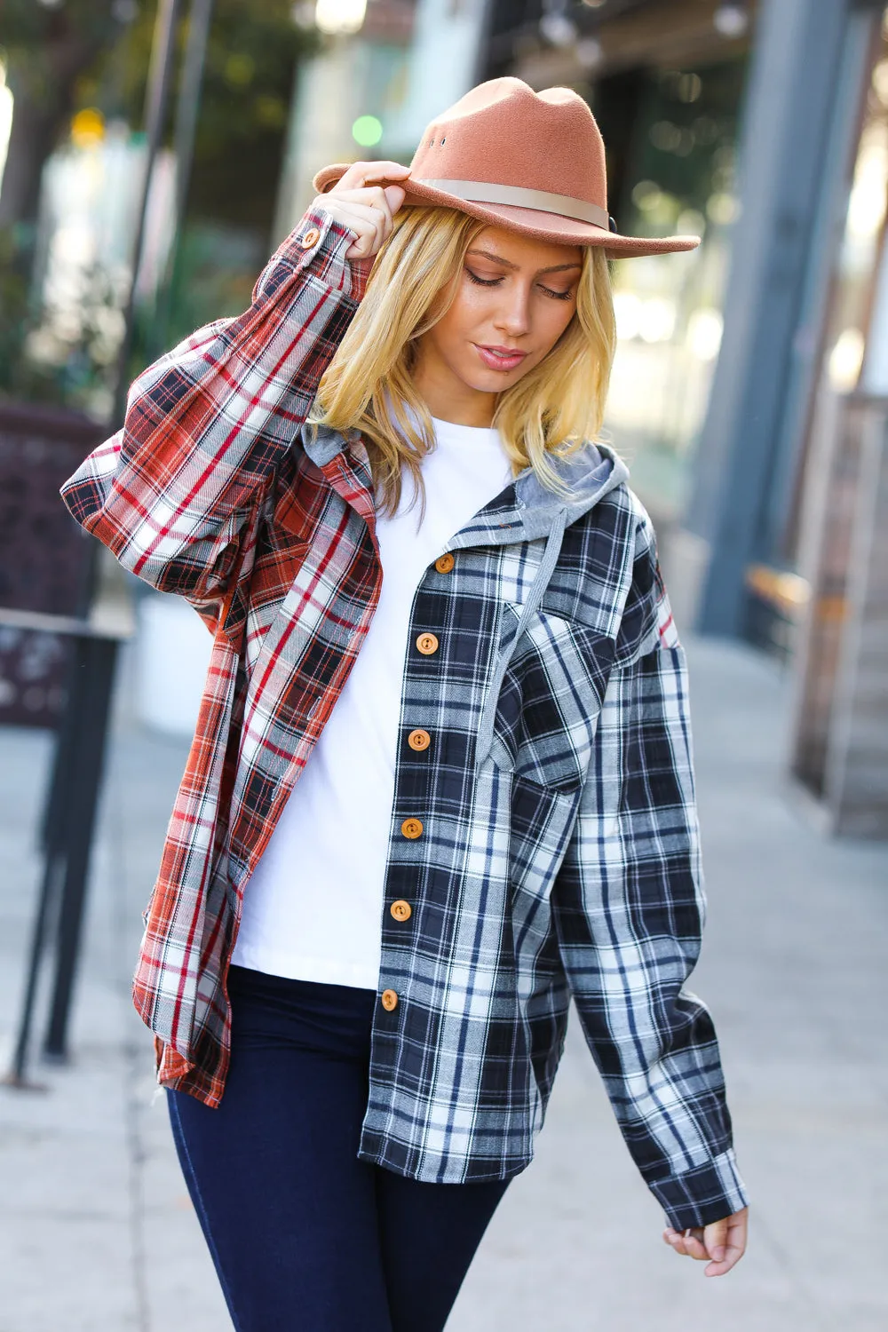 Rust & Charcoal Plaid Colorblock Hoodie Shacket sold by Charming Charlie product image thumbnail 5