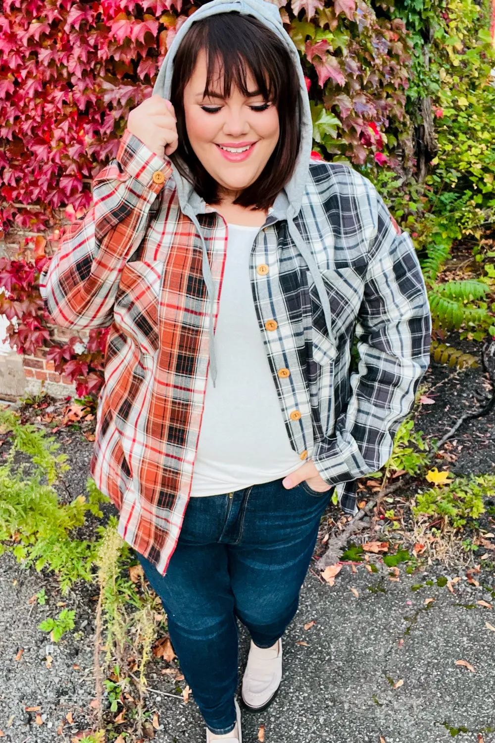 Rust & Charcoal Plaid Colorblock Hoodie Shacket sold by Charming Charlie product image thumbnail 2