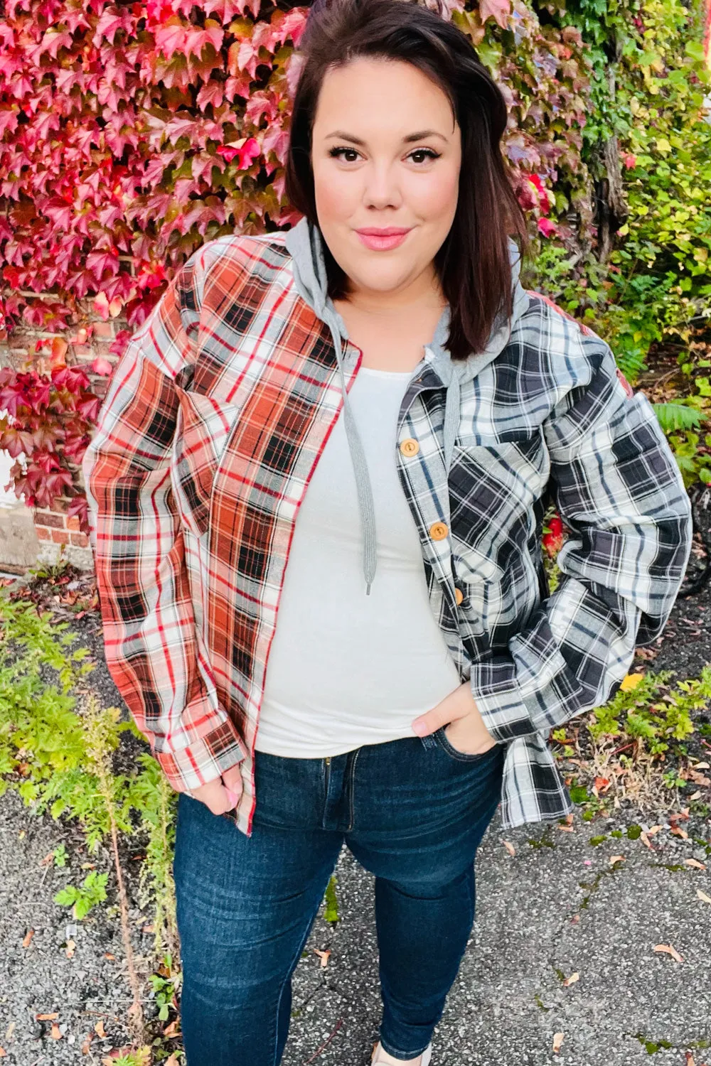 Rust & Charcoal Plaid Colorblock Hoodie Shacket sold by Charming Charlie product image thumbnail 4