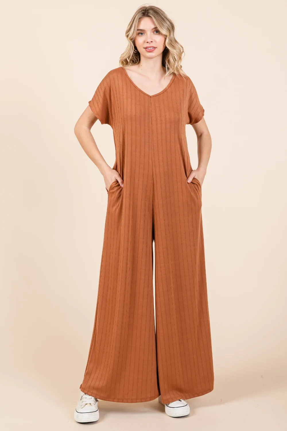 BOMBOM Ribbed Short Sleeve Wide Leg Jumpsuit sold by Charming Charlie