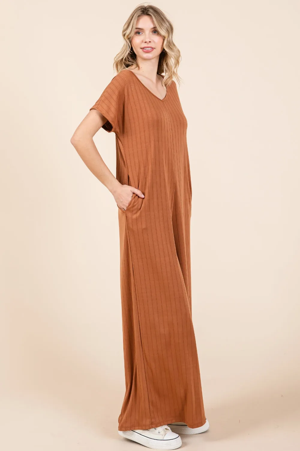 BOMBOM Ribbed Short Sleeve Wide Leg Jumpsuit sold by Charming Charlie product image thumbnail 2