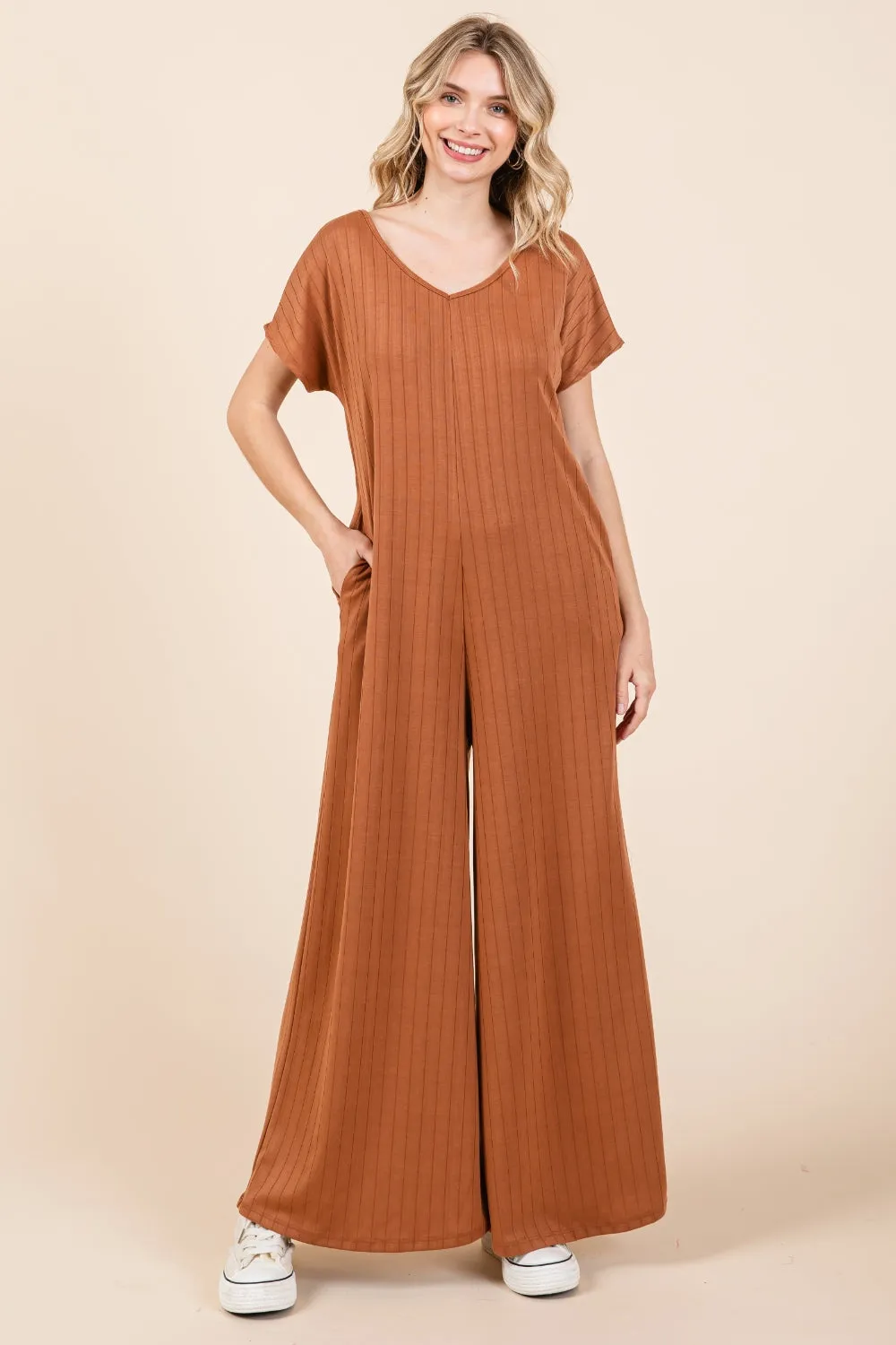 BOMBOM Ribbed Short Sleeve Wide Leg Jumpsuit sold by Charming Charlie product image thumbnail 3