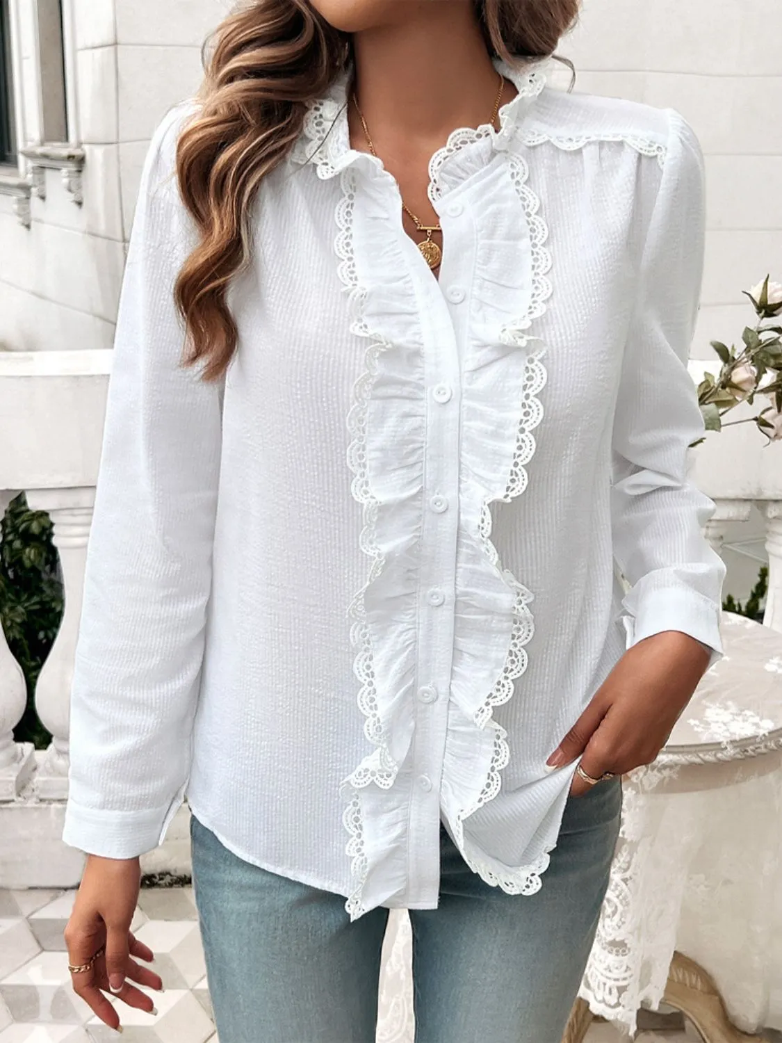 Textured Lace Detail Long Sleeve Shirt sold by Charming Charlie product image thumbnail 4
