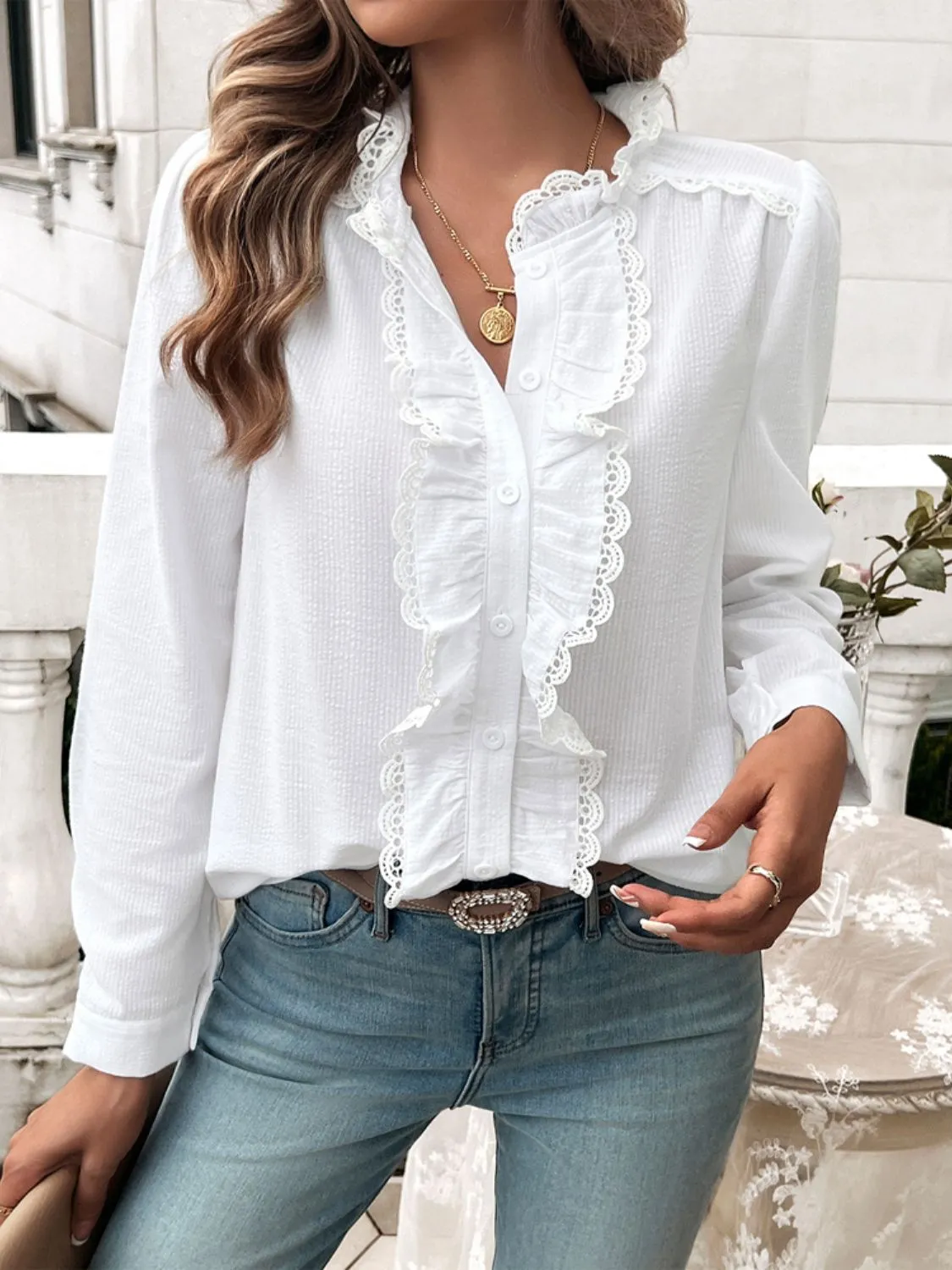 Textured Lace Detail Long Sleeve Shirt sold by Charming Charlie