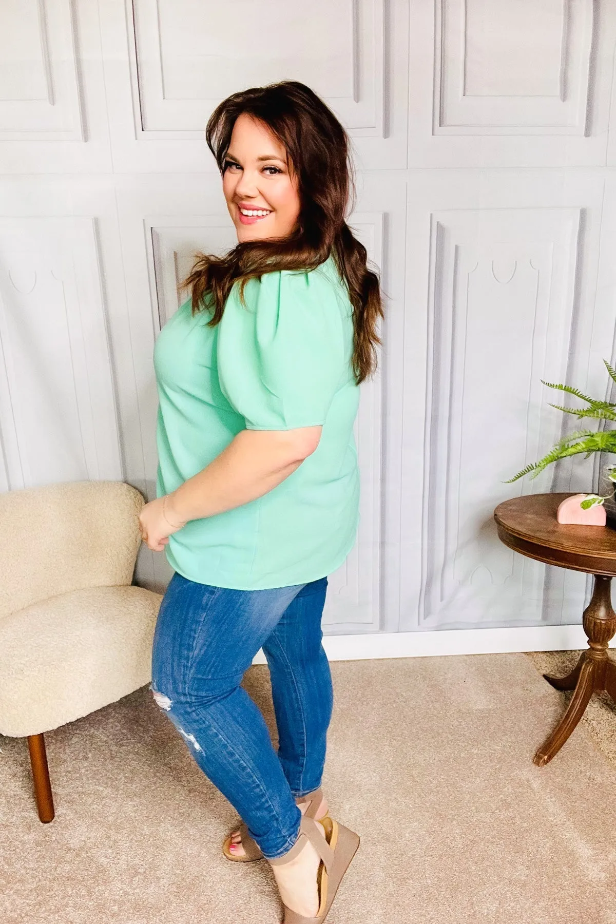 Follow Me Mint Frill Mock Neck Woven Top sold by Charming Charlie product image thumbnail 5