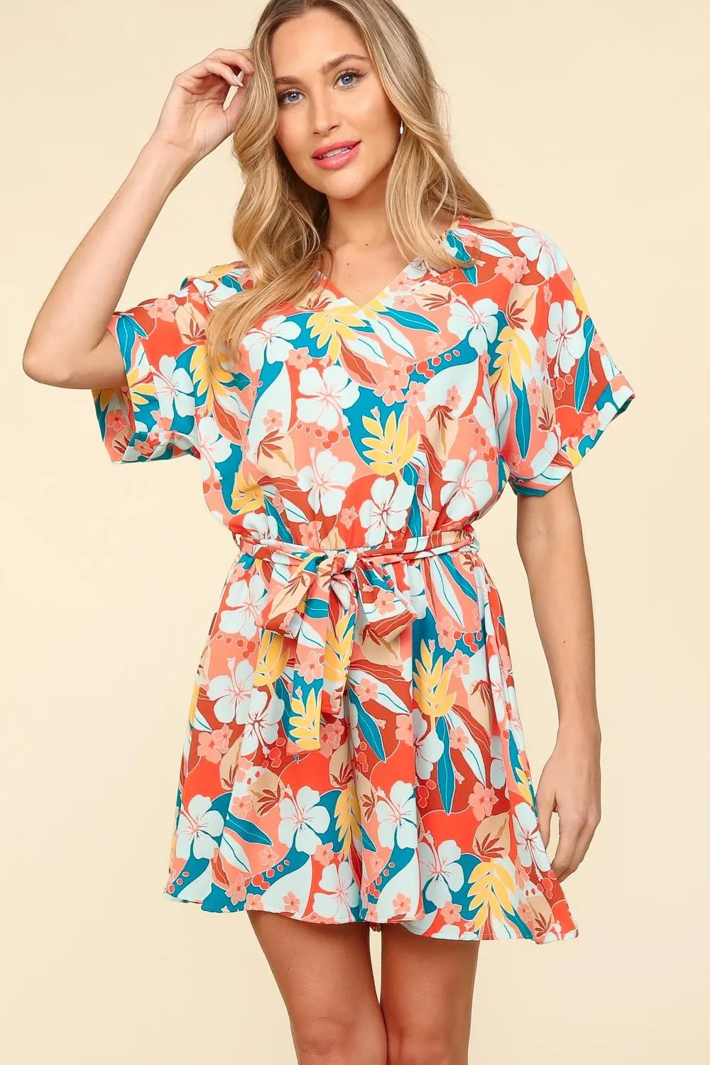 Haptics Tropical Floral Short Sleeve Tied Romper sold by Charming Charlie product image thumbnail 4