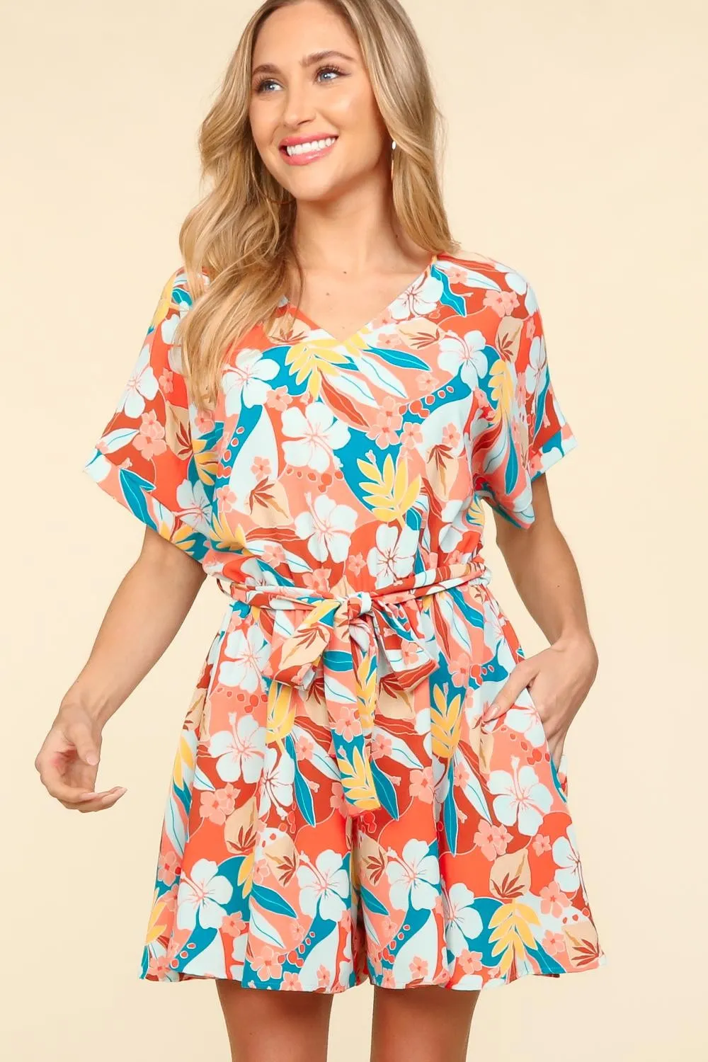 Haptics Tropical Floral Short Sleeve Tied Romper sold by Charming Charlie product image thumbnail 3