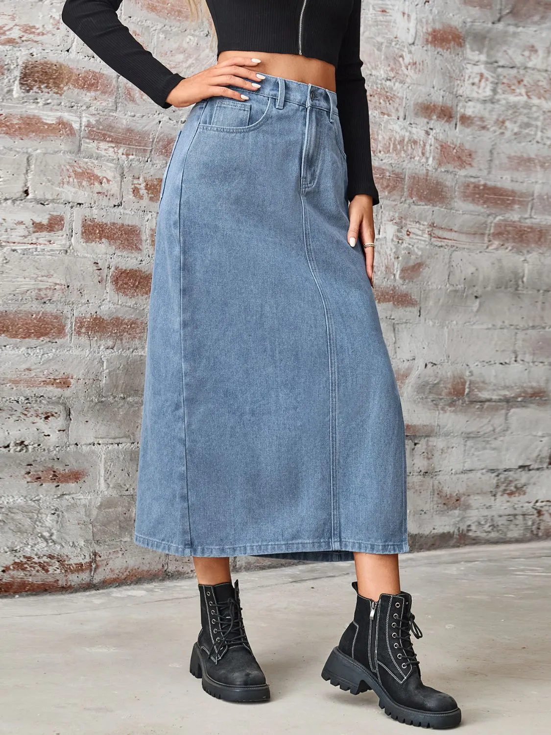Slit High Waist Denim Skirt with Pockets sold by Charming Charlie product image thumbnail 4