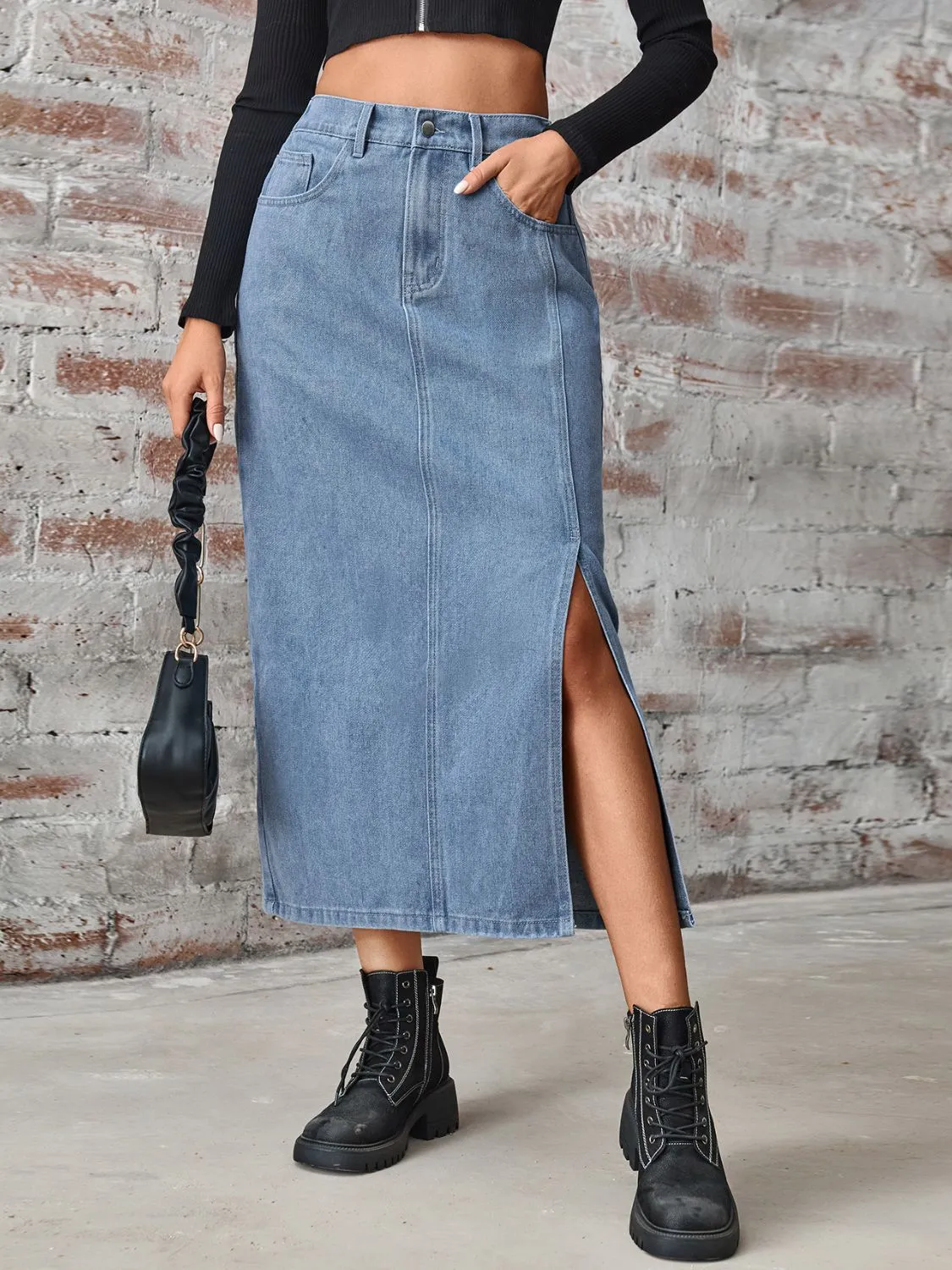 Slit High Waist Denim Skirt with Pockets sold by Charming Charlie