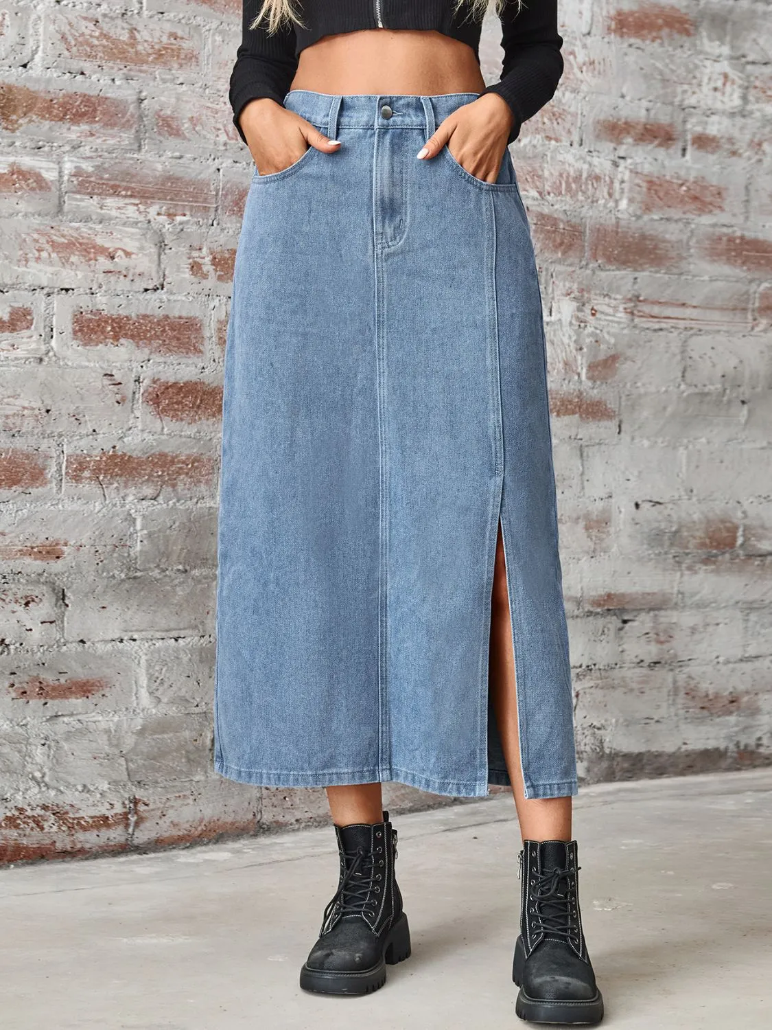 Slit High Waist Denim Skirt with Pockets sold by Charming Charlie product image thumbnail 2