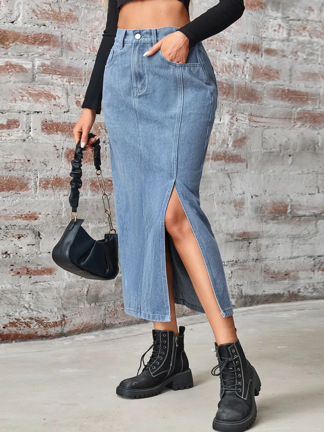 Slit High Waist Denim Skirt with Pockets sold by Charming Charlie product image thumbnail 3