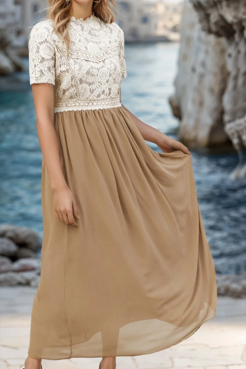 Ruched Lace Detail Short Sleeve Dress sold by Charming Charlie