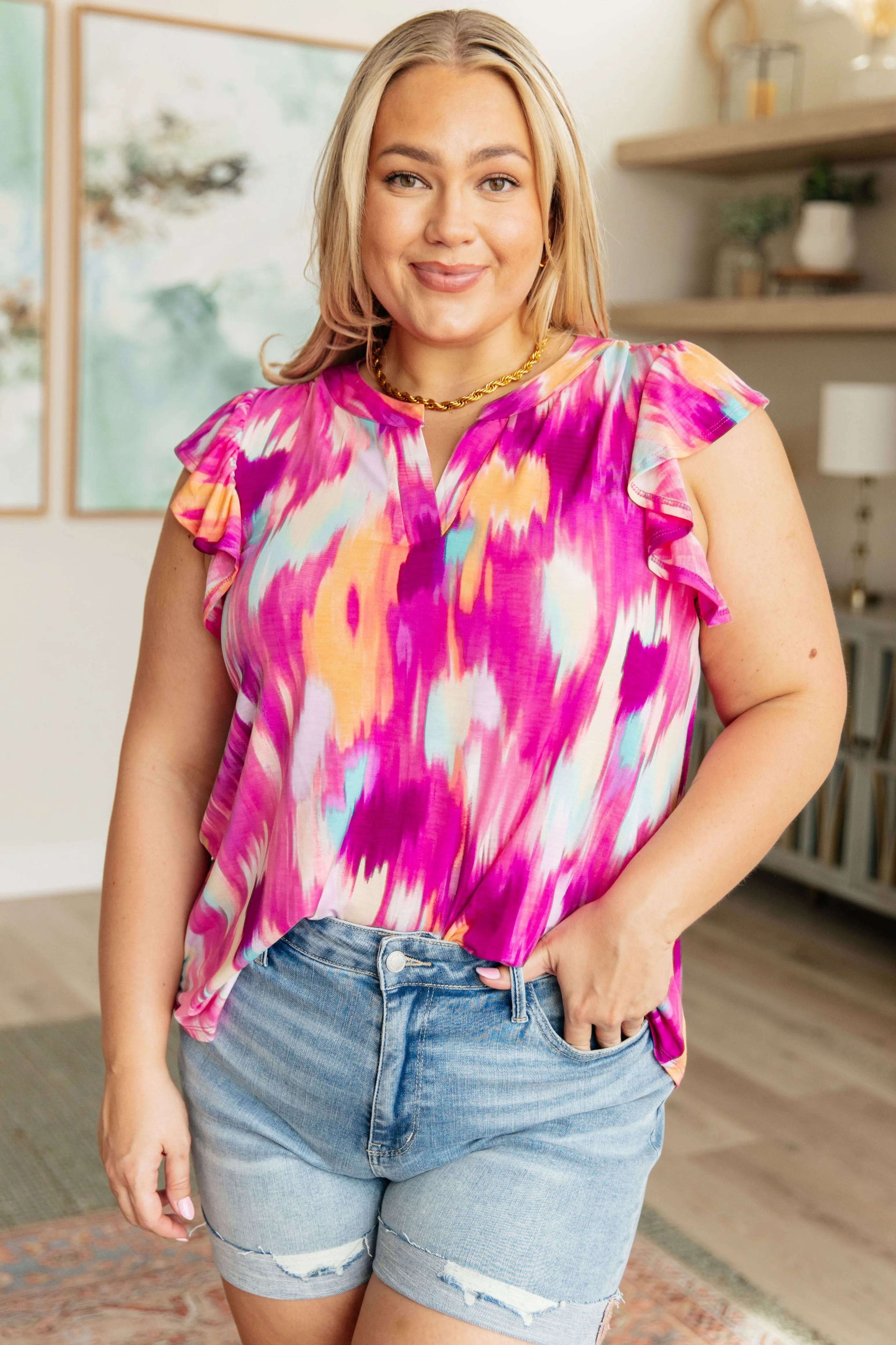 Lizzy Flutter Sleeve Top in Pink and Lavender sold by Charming Charlie product image thumbnail 2