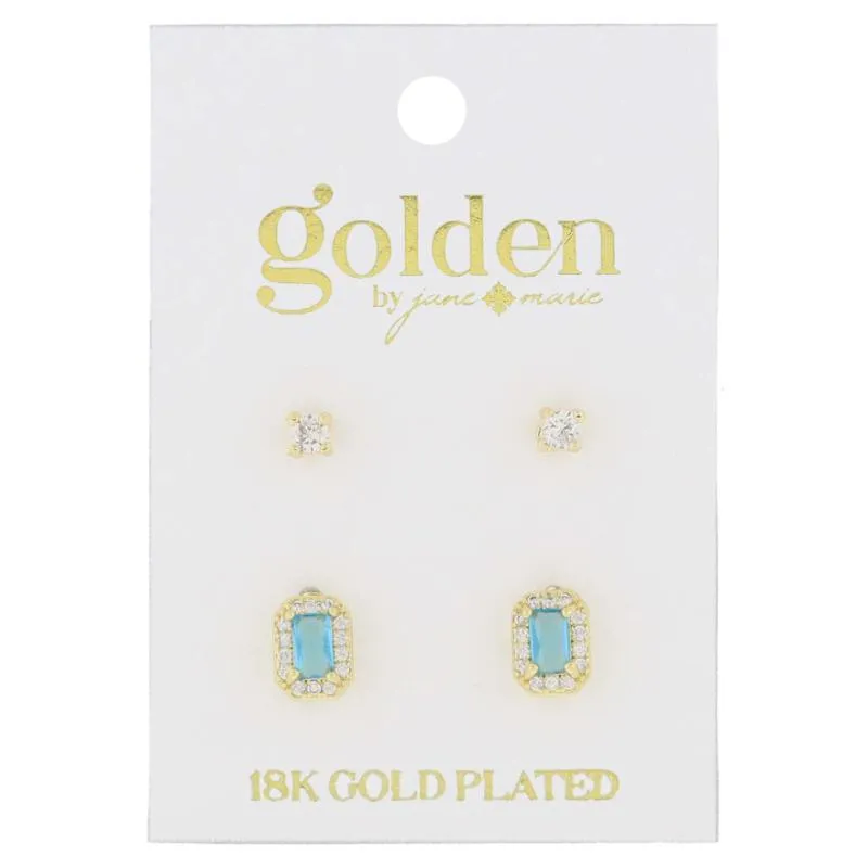 18K Gold Plated 2 Stud Set, Crystal, Aquamarine Baguette Earrings, .15", .35" Top to Bottom sold by Charming Charlie