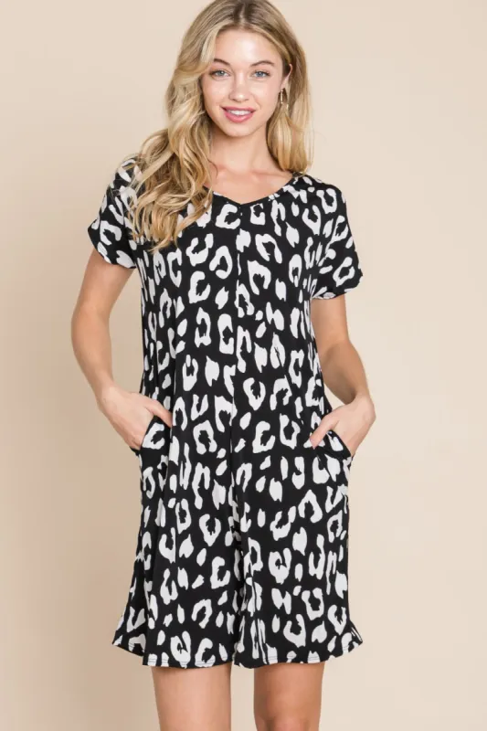BOMBOM Leopard Short Sleeve Romper with Pockets sold by Charming Charlie